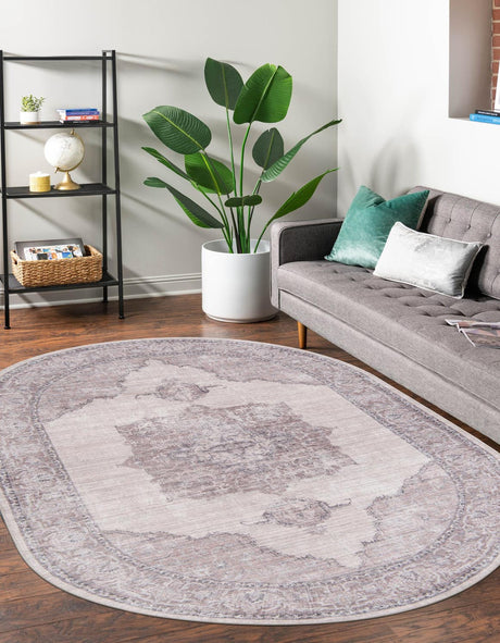 Washable Ivory and Gray 3' 3 x 5' 3 Mangata Oval Area Rug Easy to Clean Stain Resistant & Durable Chenille Traditional Vintage Distressed Carpet for Sale at Rug Engine