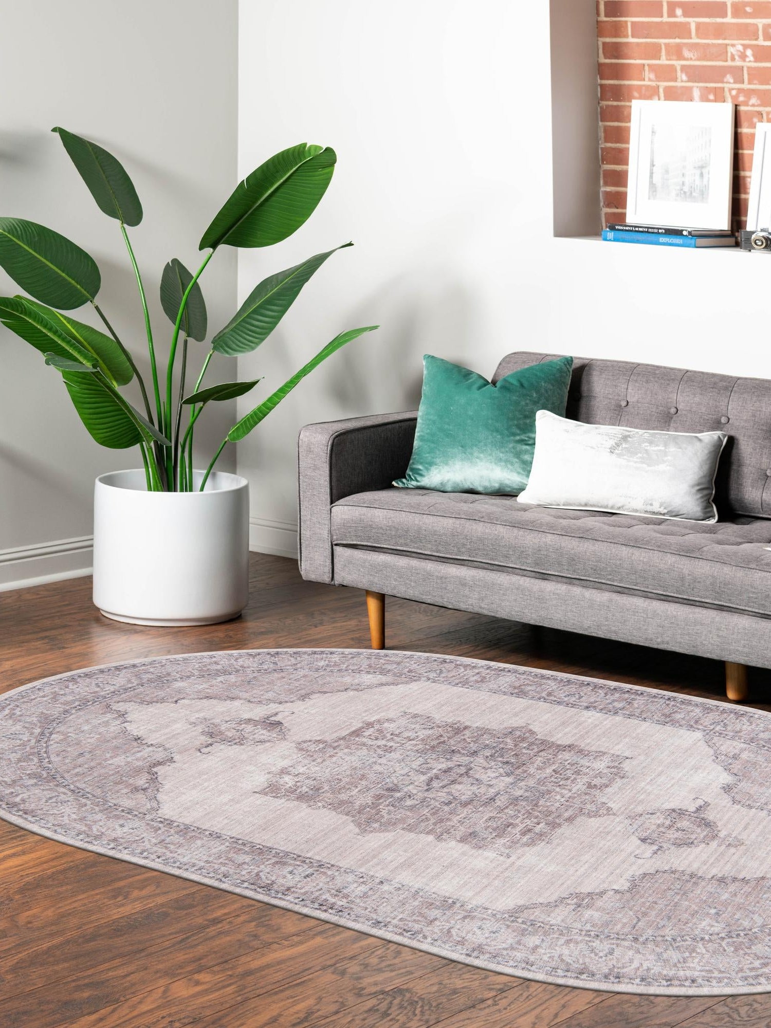 Washable Ivory and Gray 5' 11 x 9' Mangata Oval Area Rug Easy to Clean Stain Resistant & Durable Chenille Traditional Vintage Distressed Carpet for Sale at Rug Engine