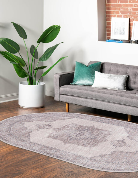 Washable Ivory and Gray 3' 3 x 5' 3 Mangata Oval Area Rug Easy to Clean Stain Resistant & Durable Chenille Traditional Vintage Distressed Carpet for Sale at Rug Engine