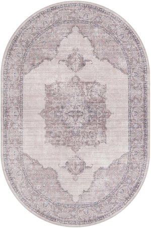 Washable Ivory and Gray 5' 3 x 8' Mangata Washable Oval Area Rug Easy to Clean Stain Resistant & Durable Chenille Traditional Vintage Distressed Carpet for Sale at Rug Engine