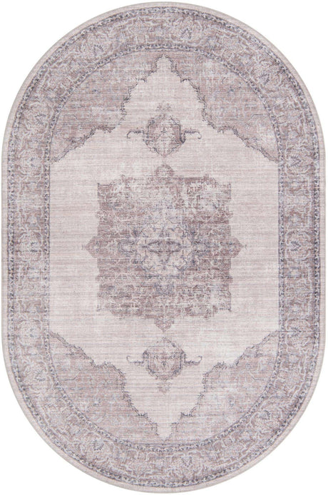 Washable Ivory and Gray 5' 3 x 8' Mangata Washable Oval Area Rug Easy to Clean Stain Resistant & Durable Chenille Traditional Vintage Distressed Carpet for Sale at Rug Engine