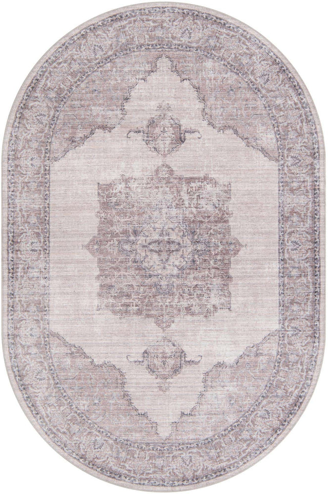 Washable Ivory and Gray 5' 3 x 8' Mangata Washable Oval Area Rug Easy to Clean Stain Resistant & Durable Chenille Traditional Vintage Distressed Carpet for Sale at Rug Engine