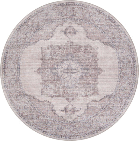 Washable Ivory and Gray 5' 11 x 5' 11 Mangata Round Area Rug Easy to Clean Stain Resistant & Durable Chenille Traditional Vintage Distressed Carpet for Sale at Rug Engine
