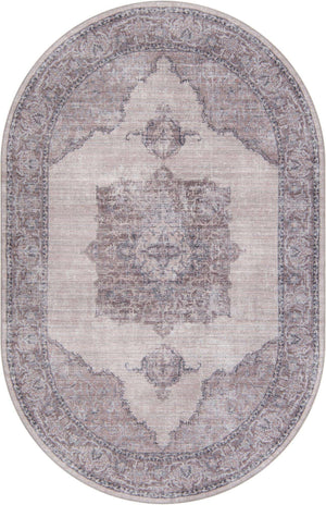 Washable Ivory and Gray 5' 11 x 9' Mangata Oval Area Rug Easy to Clean Stain Resistant & Durable Chenille Traditional Vintage Distressed Carpet for Sale at Rug Engine
