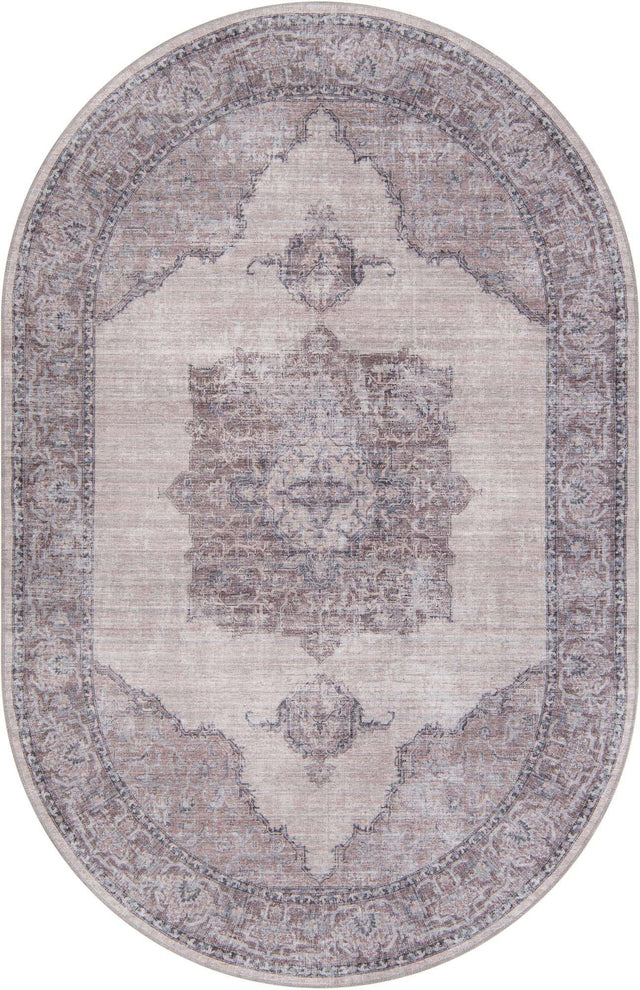Washable Ivory and Gray 5' 11 x 9' Mangata Oval Area Rug Easy to Clean Stain Resistant & Durable Chenille Traditional Vintage Distressed Carpet for Sale at Rug Engine