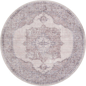 Washable Ivory and Gray 7' 10 x 7' 10 Mangata Round Area Rug Easy to Clean Stain Resistant & Durable Chenille Traditional Vintage Distressed Carpet for Sale at Rug Engine