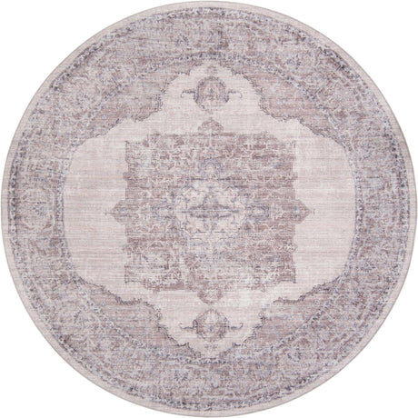 Washable Ivory and Gray 7' 10 x 7' 10 Mangata Round Area Rug Easy to Clean Stain Resistant & Durable Chenille Traditional Vintage Distressed Carpet for Sale at Rug Engine