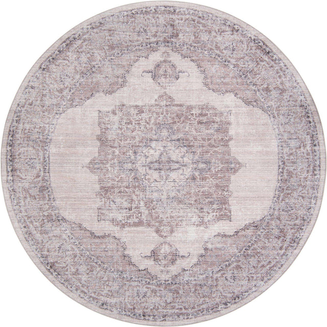 Washable Ivory and Gray 7' 10 x 7' 10 Mangata Round Area Rug Easy to Clean Stain Resistant & Durable Chenille Traditional Vintage Distressed Carpet for Sale at Rug Engine