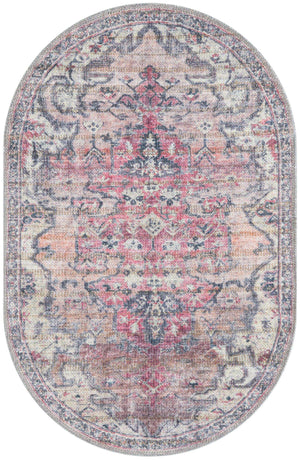 Washable Beige pink 2' x 3' 1 Nostalgia Oval Area Rug Easy to Clean Stain Resistant & Durable Polyester Chenille Vintage Distressed Carpet for Sale at Rug Engine