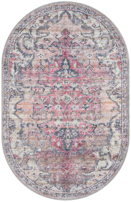 Washable Beige pink 2' x 3' 1 Nostalgia Oval Area Rug Easy to Clean Stain Resistant & Durable Polyester Chenille Vintage Distressed Carpet for Sale at Rug Engine