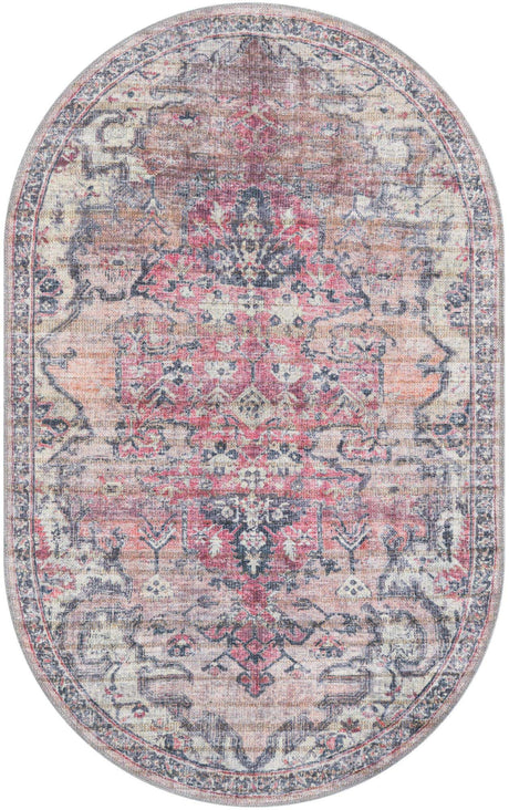 Washable Beige pink 3' 3 x 5' 3 Nostalgia Oval Area Rug Easy to Clean Stain Resistant & Durable Polyester Chenille Vintage Distressed Carpet for Sale at Rug Engine