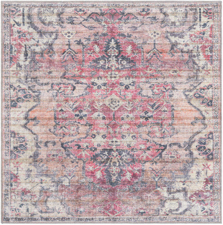 Washable Beige pink 4' 1 x 4' 1 Nostalgia Square Area Rug Easy to Clean Stain Resistant & Durable Polyester Chenille Vintage Distressed Carpet for Sale at Rug Engine