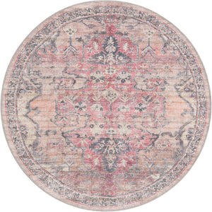 Washable Beige pink 5' 3 x 5' 3 Nostalgia Round Area Rug Easy to Clean Stain Resistant & Durable Polyester Chenille Vintage Distressed Carpet for Sale at Rug Engine