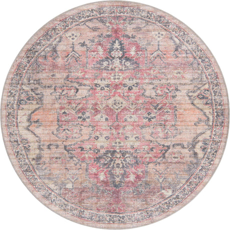Washable Beige pink 6' 1 x 6' 1 Nostalgia Round Area Rug Easy to Clean Stain Resistant & Durable Polyester Chenille Vintage Distressed Carpet for Sale at Rug Engine