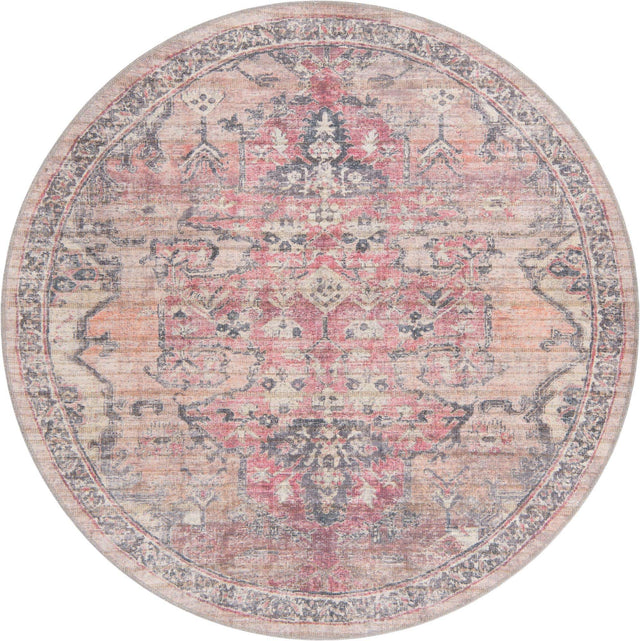 Washable Beige pink 6' 1 x 6' 1 Nostalgia Round Area Rug Easy to Clean Stain Resistant & Durable Polyester Chenille Vintage Distressed Carpet for Sale at Rug Engine