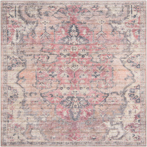 Washable Beige pink 6' 1 x 6' 1 Nostalgia Square Area Rug Easy to Clean Stain Resistant & Durable Polyester Chenille Vintage Distressed Carpet for Sale at Rug Engine