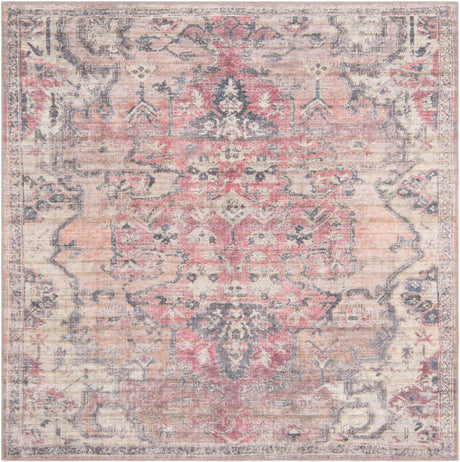Washable Beige pink 6' 1 x 6' 1 Nostalgia Square Area Rug Easy to Clean Stain Resistant & Durable Polyester Chenille Vintage Distressed Carpet for Sale at Rug Engine