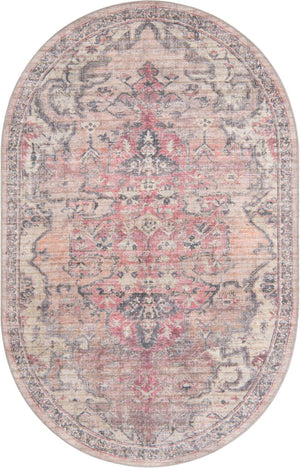 Washable Beige pink 6' 1 x 9' Nostalgia Oval Area Rug Easy to Clean Stain Resistant & Durable Polyester Chenille Vintage Distressed Carpet for Sale at Rug Engine