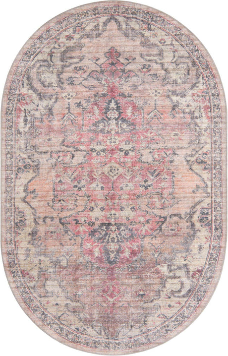 Washable Beige pink 6' 1 x 9' Nostalgia Oval Area Rug Easy to Clean Stain Resistant & Durable Polyester Chenille Vintage Distressed Carpet for Sale at Rug Engine