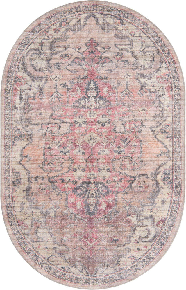 Washable Beige pink 6' 1 x 9' Nostalgia Oval Area Rug Easy to Clean Stain Resistant & Durable Polyester Chenille Vintage Distressed Carpet for Sale at Rug Engine