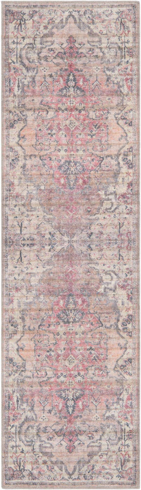 Washable Beige pink 2' x 7' 1 Nostalgia Runner Area Rug Easy to Clean Stain Resistant & Durable Polyester Chenille Vintage Distressed Carpet for Sale at Rug Engine