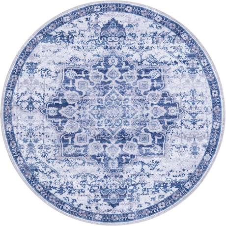 Washable Gray Blue 3' 3 x 3' 3 Renaissance Round Area Rug Easy to Clean Stain Resistant & Durable Colorful Distressed Vintage Carpet for Sale at Rug Engine