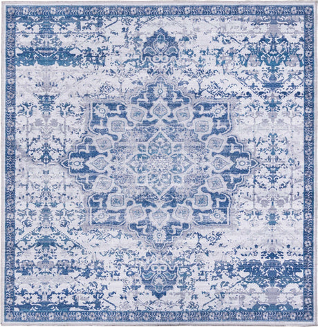 Washable Gray Blue 3' 3 x 3' 3 Renaissance Square Area Rug Easy to Clean Stain Resistant & Durable Colorful Distressed Vintage Carpet for Sale at Rug Engine