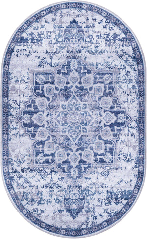 Washable Gray Blue 3' 3 x 5' 3 Renaissance Oval Area Rug Easy to Clean Stain Resistant & Durable Colorful Distressed Vintage Carpet for Sale at Rug Engine