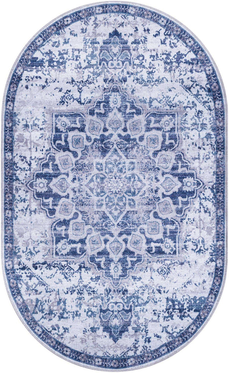Washable Gray Blue 3' 3 x 5' 3 Renaissance Oval Area Rug Easy to Clean Stain Resistant & Durable Colorful Distressed Vintage Carpet for Sale at Rug Engine