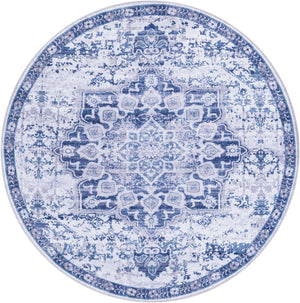 Washable Gray Blue 3' 11 x 3' 11 Renaissance Round Area Rug Easy to Clean Stain Resistant & Durable Colorful Distressed Vintage Carpet for Sale at Rug Engine
