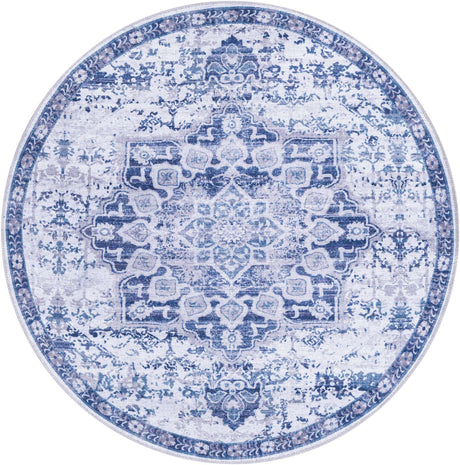 Washable Gray Blue 3' 11 x 3' 11 Renaissance Round Area Rug Easy to Clean Stain Resistant & Durable Colorful Distressed Vintage Carpet for Sale at Rug Engine
