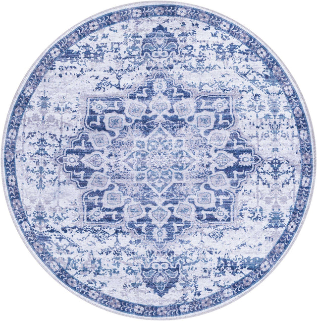 Washable Gray Blue 3' 11 x 3' 11 Renaissance Round Area Rug Easy to Clean Stain Resistant & Durable Colorful Distressed Vintage Carpet for Sale at Rug Engine