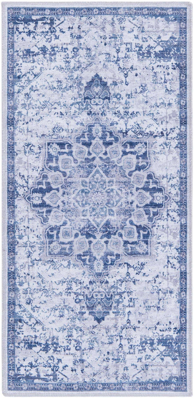 Washable Gray Blue 2' x 4' 1 Renaissance Runner Area Rug Easy to Clean Stain Resistant & Durable Colorful Distressed Vintage Carpet for Sale at Rug Engine