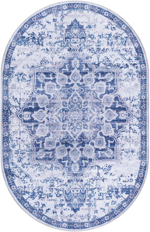 Washable Gray Blue 3' 11 x 6' 1 Renaissance Oval Area Rug Easy to Clean Stain Resistant & Durable Colorful Distressed Vintage Carpet for Sale at Rug Engine