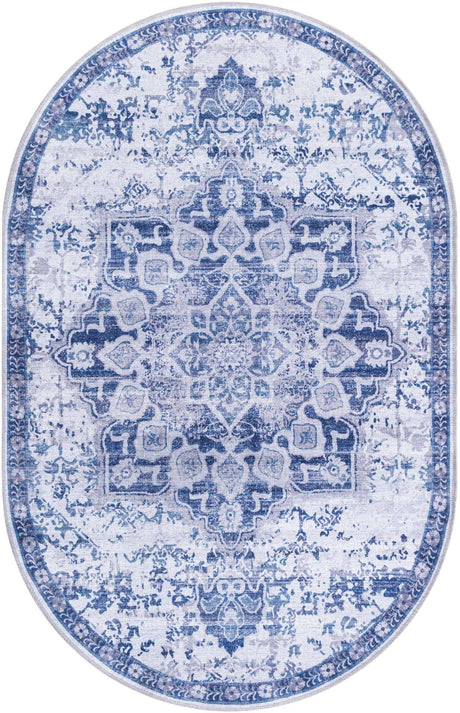 Washable Gray Blue 3' 11 x 6' 1 Renaissance Oval Area Rug Easy to Clean Stain Resistant & Durable Colorful Distressed Vintage Carpet for Sale at Rug Engine