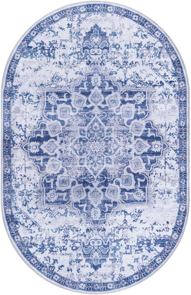 Washable Gray Blue 3' 11 x 6' 1 Renaissance Oval Area Rug Easy to Clean Stain Resistant & Durable Colorful Distressed Vintage Carpet for Sale at Rug Engine