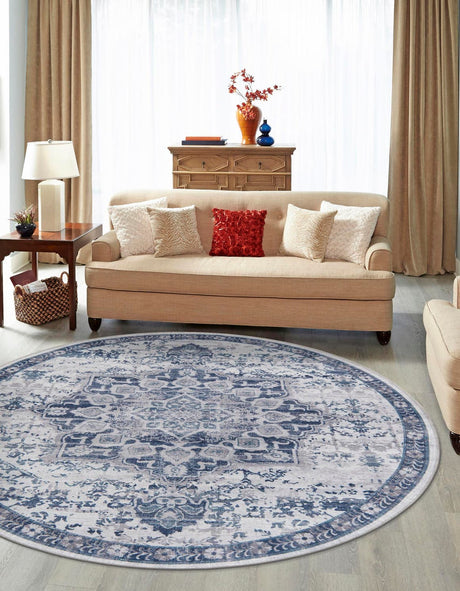 Washable Gray Blue 3' 3 x 3' 3 Renaissance Round Area Rug Easy to Clean Stain Resistant & Durable Colorful Distressed Vintage Carpet for Sale at Rug Engine
