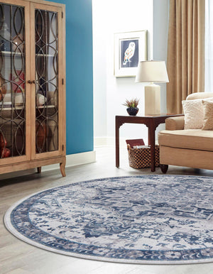 Washable Gray Blue 7' 10 x 7' 10 Renaissance Round Area Rug Easy to Clean Stain Resistant & Durable Colorful Distressed Vintage Carpet for Sale at Rug Engine