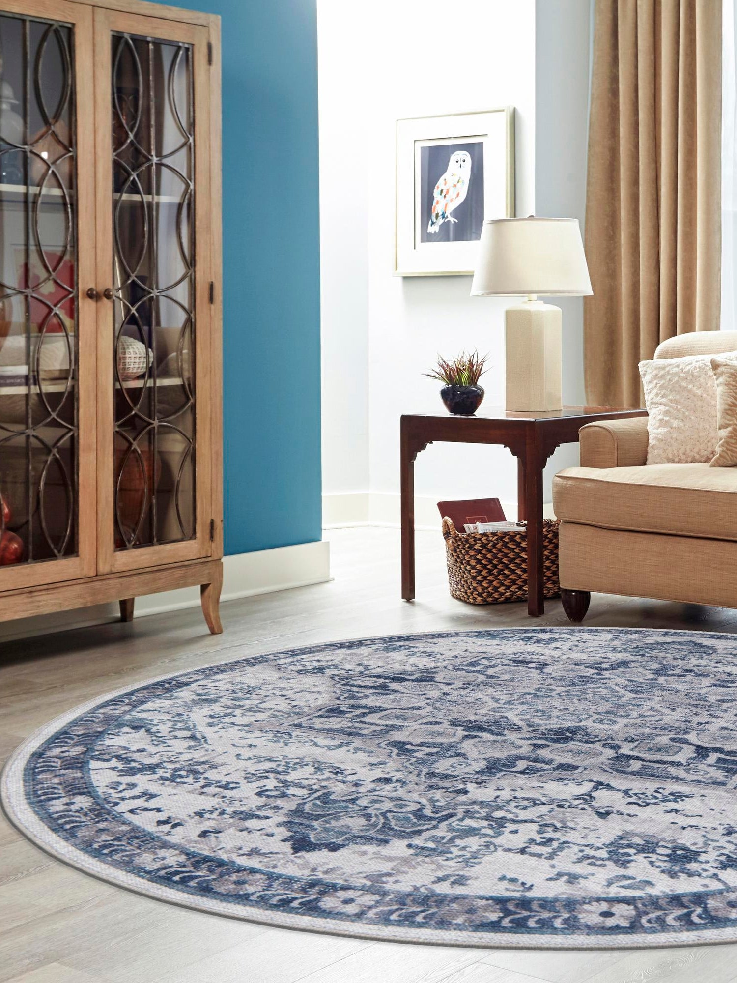 Washable Gray Blue 3' 3 x 3' 3 Renaissance Round Area Rug Easy to Clean Stain Resistant & Durable Colorful Distressed Vintage Carpet for Sale at Rug Engine