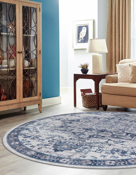 Washable Gray Blue 3' 11 x 3' 11 Renaissance Round Area Rug Easy to Clean Stain Resistant & Durable Colorful Distressed Vintage Carpet for Sale at Rug Engine