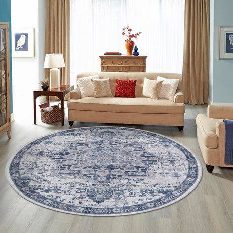 Washable Gray Blue 7' 10 x 7' 10 Renaissance Round Area Rug Easy to Clean Stain Resistant & Durable Colorful Distressed Vintage Carpet for Sale at Rug Engine