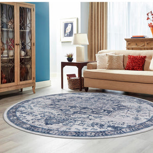 Washable Gray Blue 5' 3 x 5' 3 Renaissance Round Area Rug Easy to Clean Stain Resistant & Durable Colorful Distressed Vintage Carpet for Sale at Rug Engine