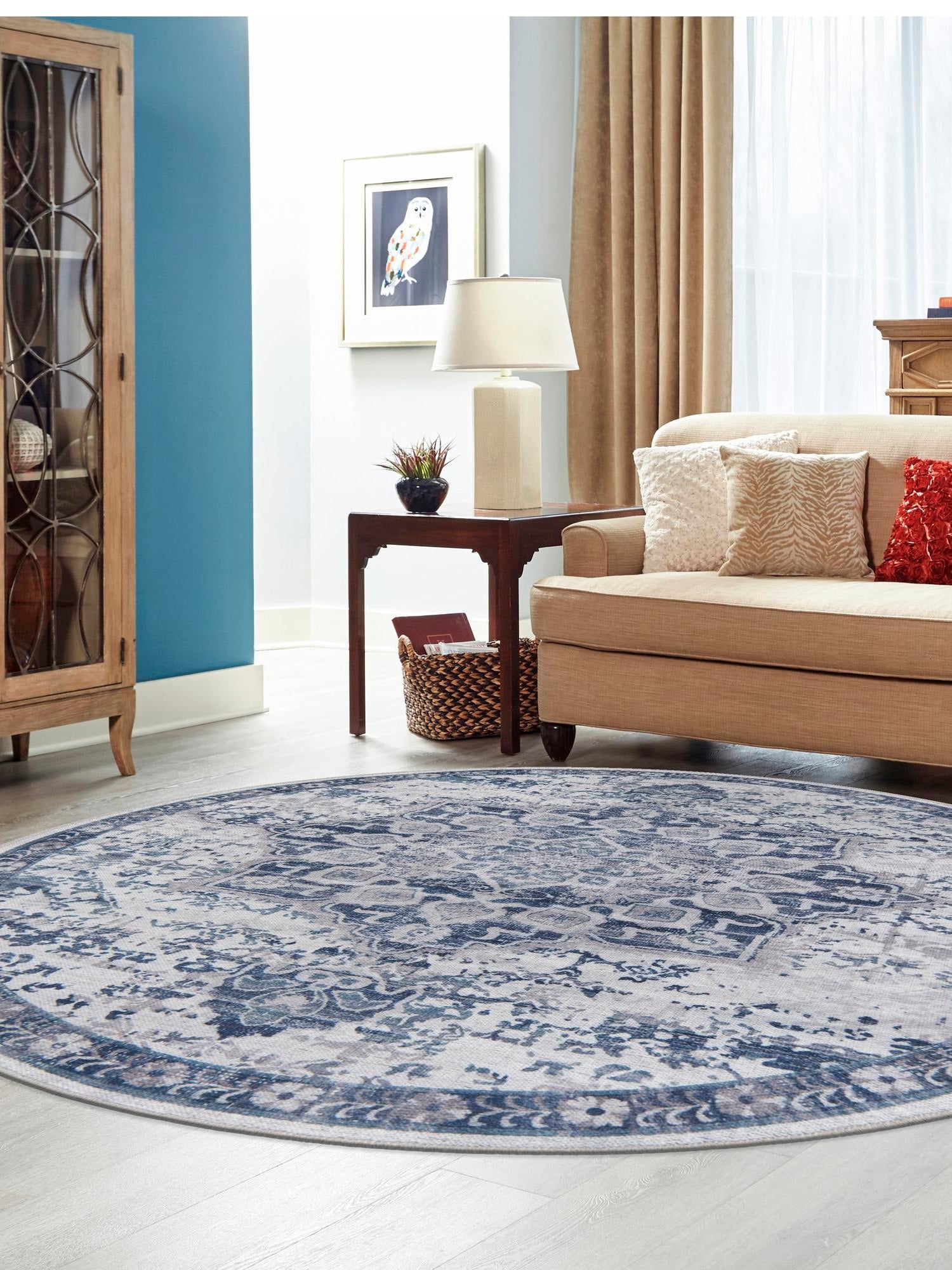 Washable Gray Blue 3' 3 x 3' 3 Renaissance Round Area Rug Easy to Clean Stain Resistant & Durable Colorful Distressed Vintage Carpet for Sale at Rug Engine