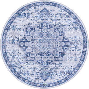Washable Gray Blue 5' 3 x 5' 3 Renaissance Round Area Rug Easy to Clean Stain Resistant & Durable Colorful Distressed Vintage Carpet for Sale at Rug Engine