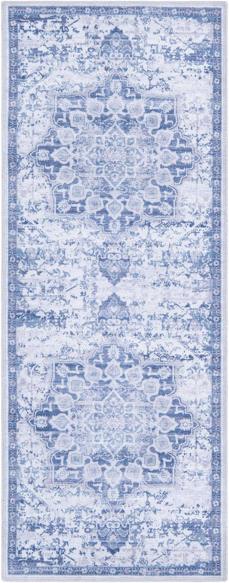 Washable Gray Blue 2' x 5' 1 Renaissance Runner Area Rug Easy to Clean Stain Resistant & Durable Colorful Distressed Vintage Carpet for Sale at Rug Engine