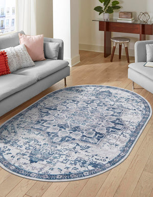 Washable Gray Blue 3' 11 x 6' 1 Renaissance Oval Area Rug Easy to Clean Stain Resistant & Durable Colorful Distressed Vintage Carpet for Sale at Rug Engine