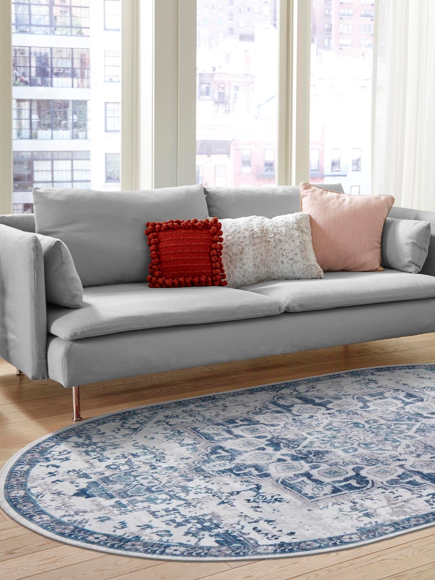 Washable Gray Blue 2' x 3' 1 Renaissance Oval Area Rug Easy to Clean Stain Resistant & Durable Colorful Distressed Vintage Carpet for Sale at Rug Engine