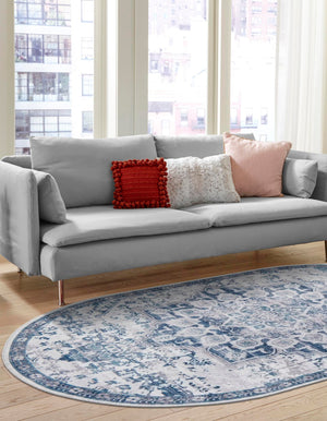 Washable Gray Blue 5' 11 x 9' Renaissance Oval Area Rug Easy to Clean Stain Resistant & Durable Colorful Distressed Vintage Carpet for Sale at Rug Engine