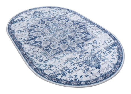 Washable Gray Blue 5' 3 x 8' Renaissance Oval Area Rug Easy to Clean Stain Resistant & Durable Colorful Distressed Vintage Carpet for Sale at Rug Engine