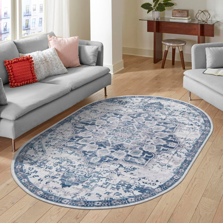 Washable Gray Blue 5' 3 x 8' Renaissance Oval Area Rug Easy to Clean Stain Resistant & Durable Colorful Distressed Vintage Carpet for Sale at Rug Engine